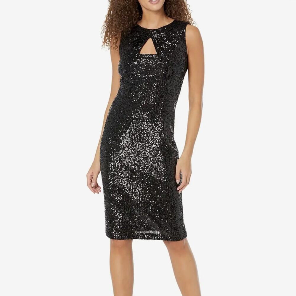 Calvin Stretch All Over Sequin Knot Detail Party Sheath Dress Black Size 8P NWT - Picture 1 of 15